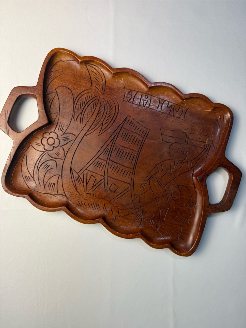 Vintage hand carved wood serving tray